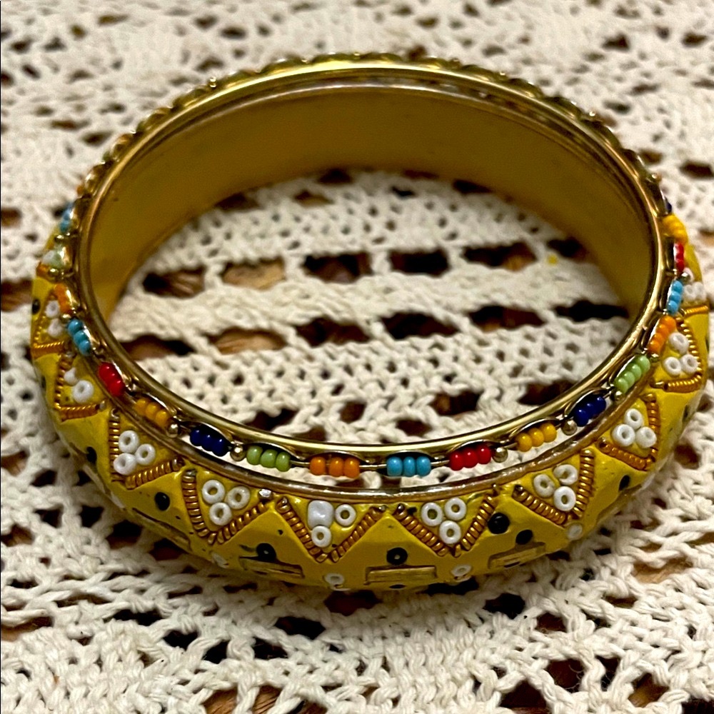 Vintage India Brass Bangle Bracelet Set White Enamel Boho Ethnic Jewelry Yellow